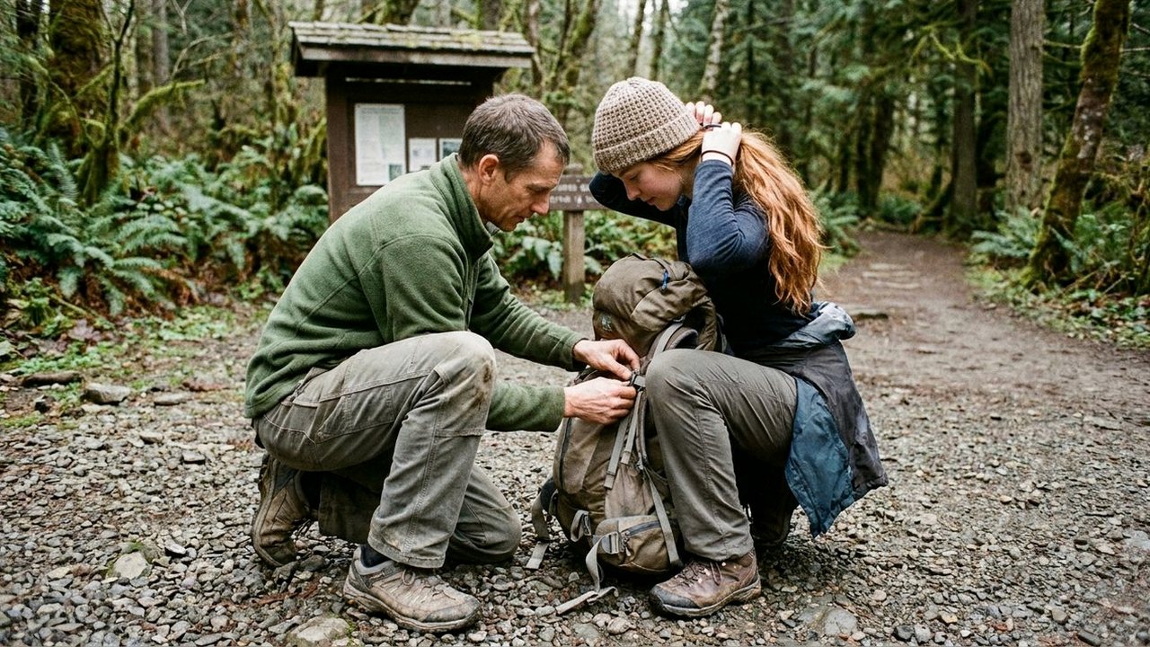 Father adjusts adult daughter's backpack strap at a gravel trailhead