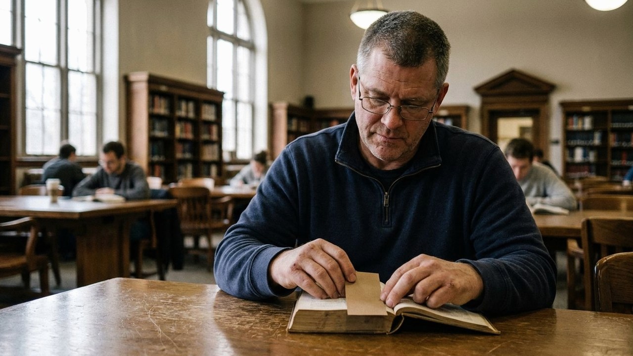 Man in navy sweater marking a page in a library hardback