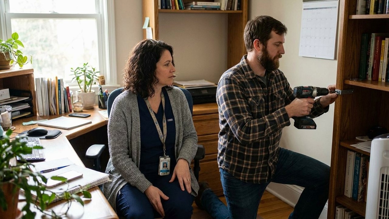 Physician with hospital badge at desk while husband anchors bookshelf