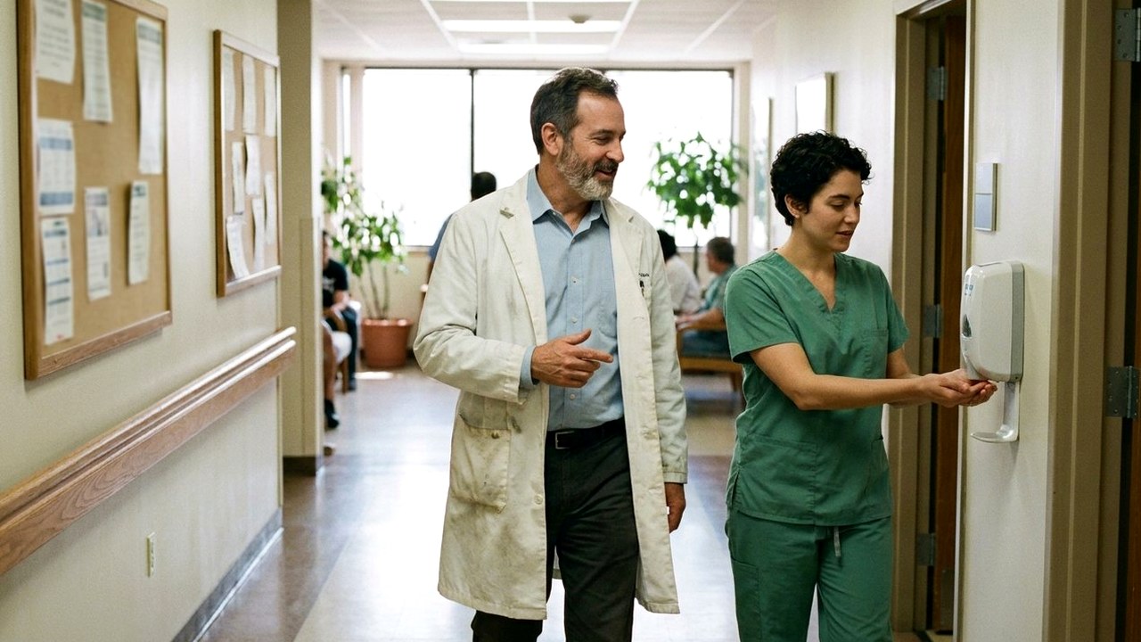 Physician and younger colleague talking in a clinic hallway, sanitizing hands