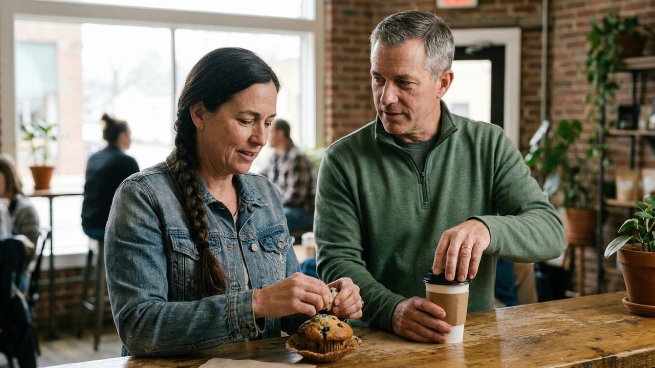 Two friends at a coffee counter splitting a muffin