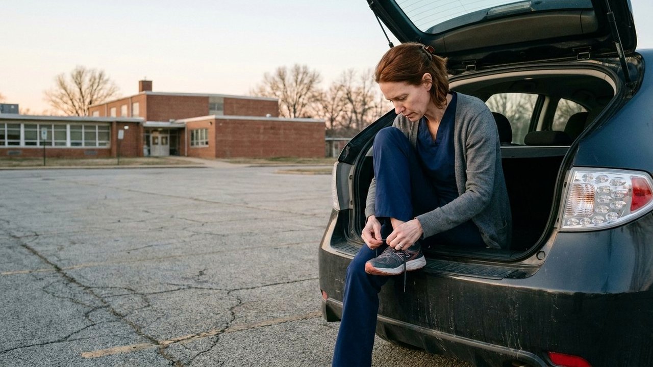 Woman in scrubs lacing running shoes in empty school parking lot