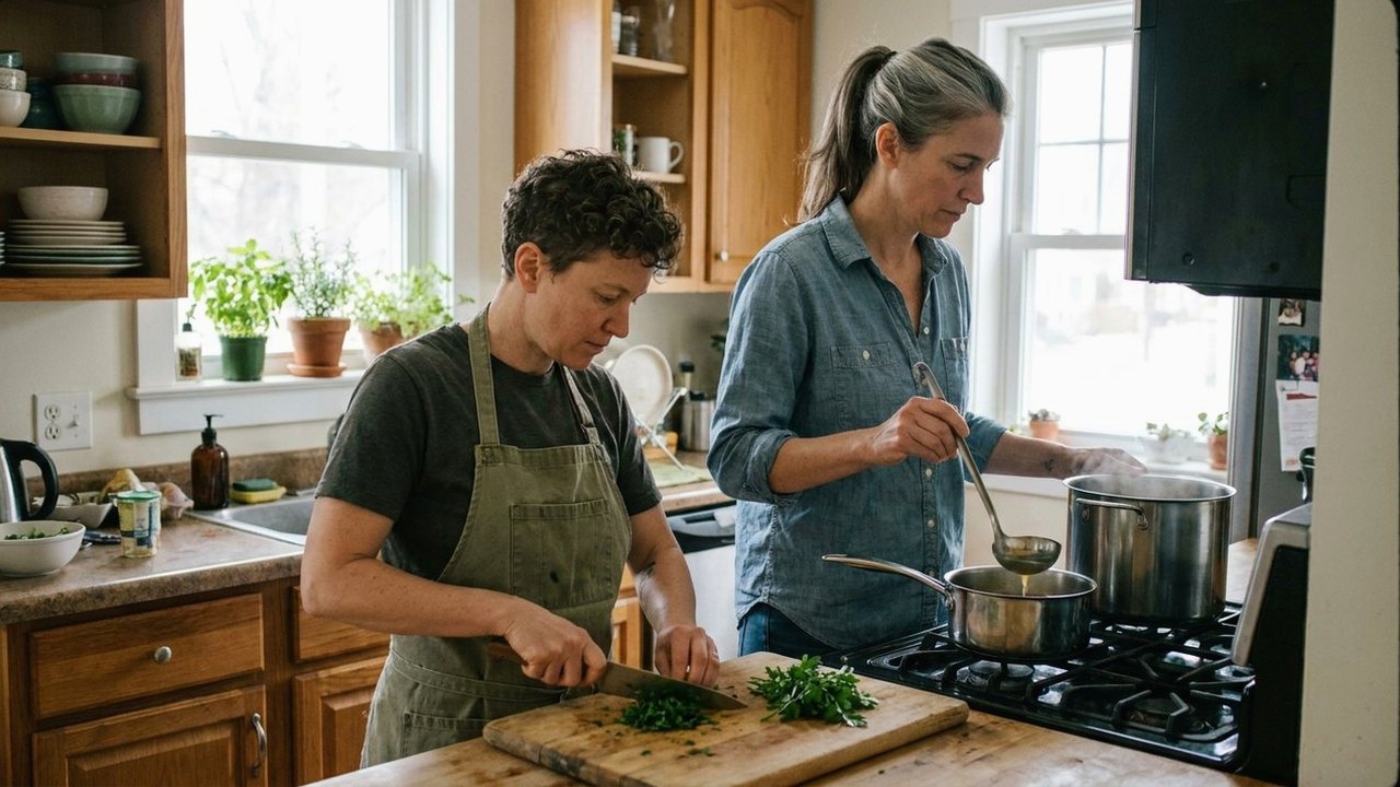 Two friends cooking, one filling two pots, one chopping herbs