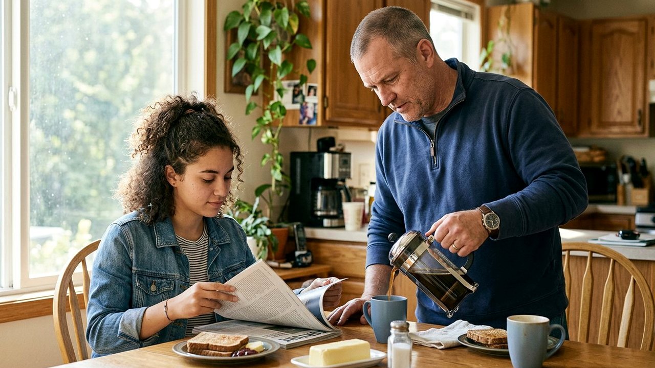 Father pours coffee as daughter reads financial magazine at breakfast nook
