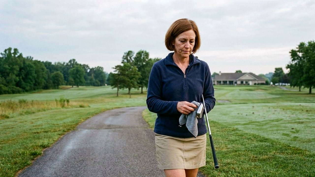 Woman in navy quarter-zip wiping a golf club on a cart path