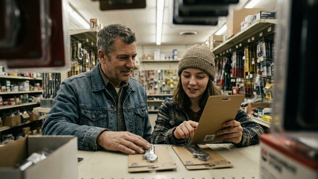 Physician and adult child comparing hardware supplies
