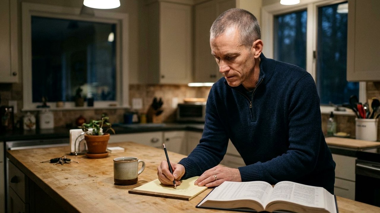 Man in navy sweater writing on notepad at kitchen island