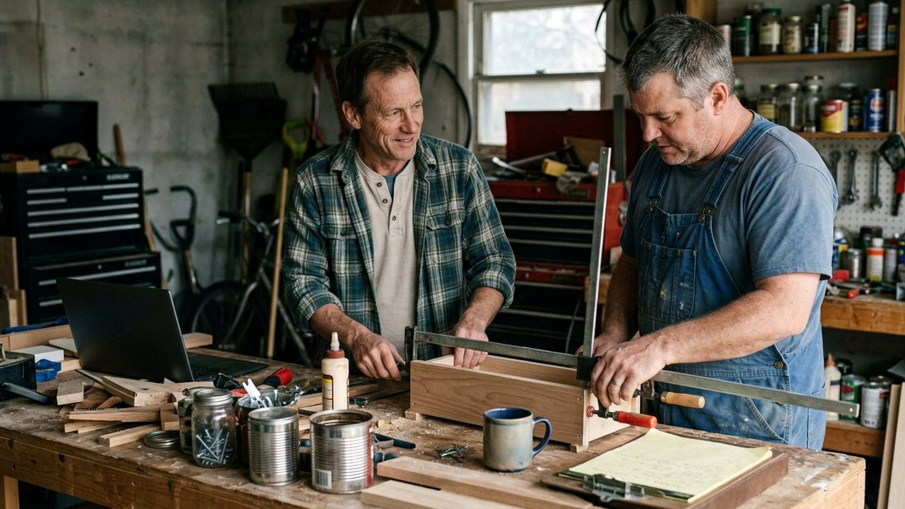 Two men in a garage workshop clamping a wooden drawer at a workbench