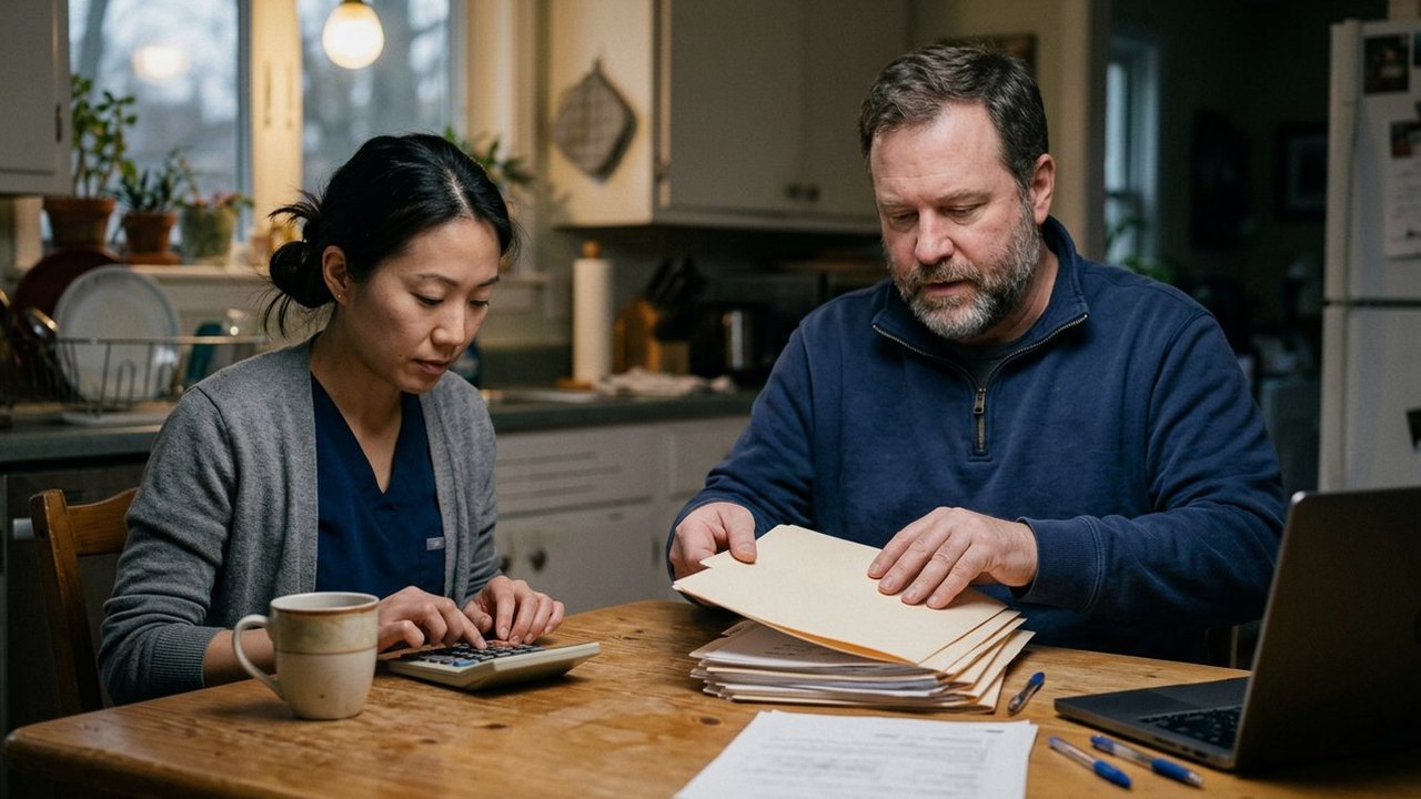 Two doctors sorting folders and using a calculator at kitchen table