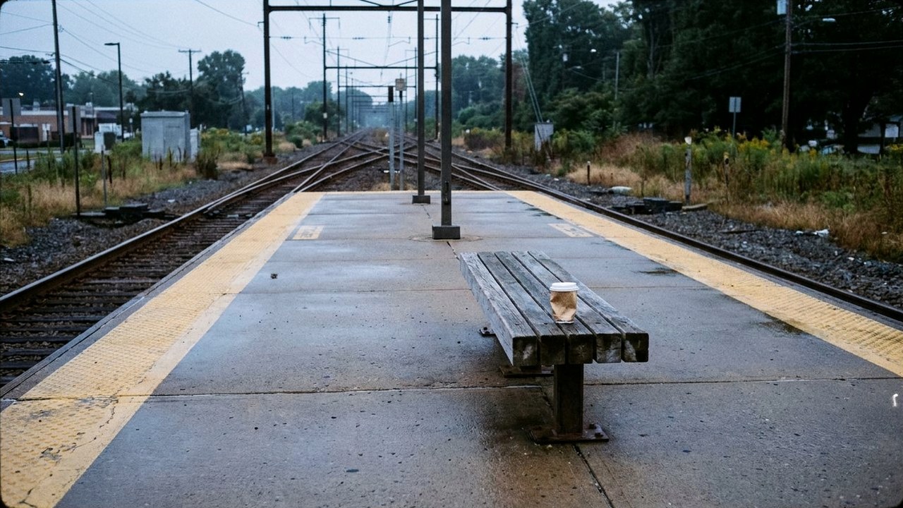 Empty train platform at dawn with tracks splitting two ways