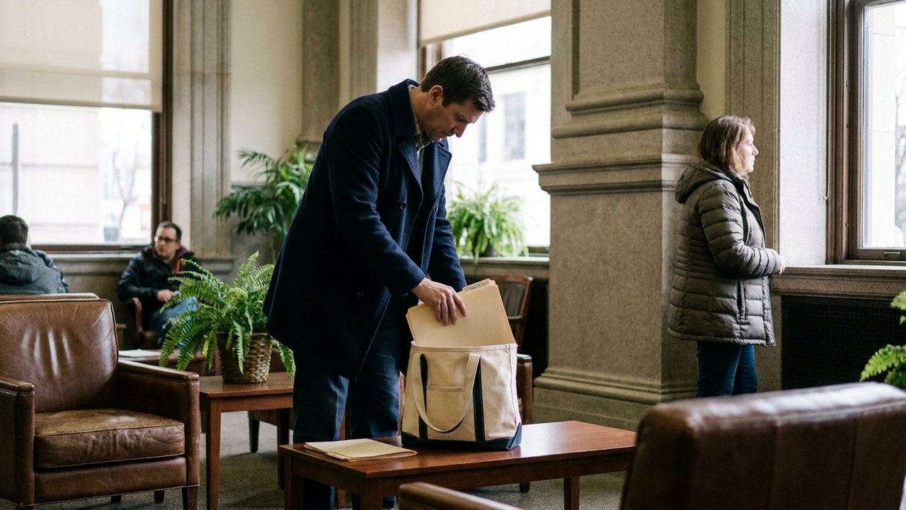 Distant bank lobby with person carrying folders