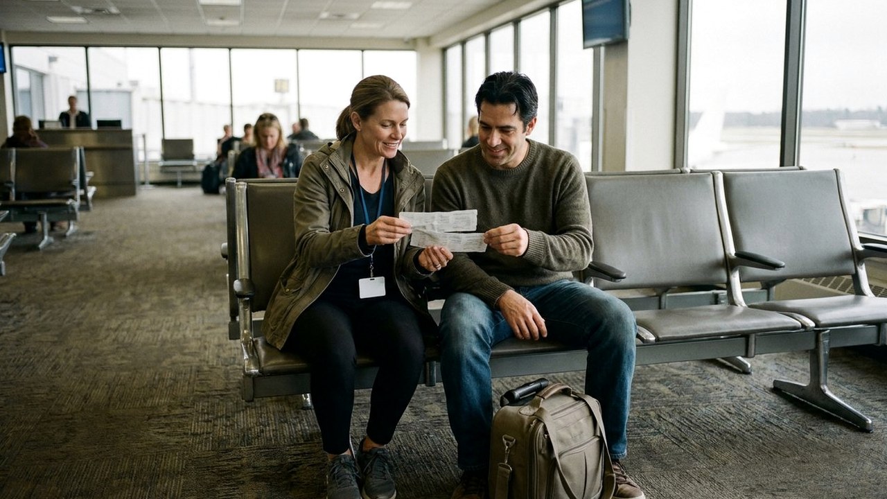 Physician couple waiting together at airport gate