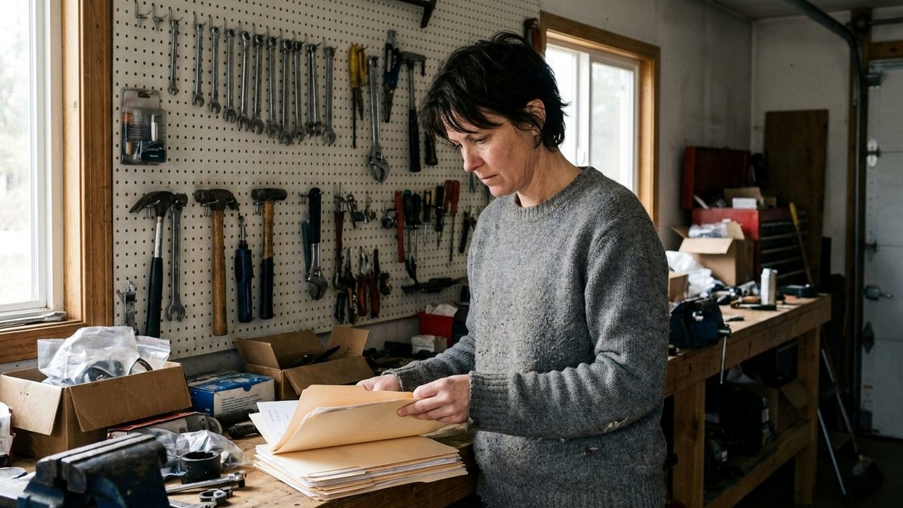 Radiologist reviewing folders beside garage workbench