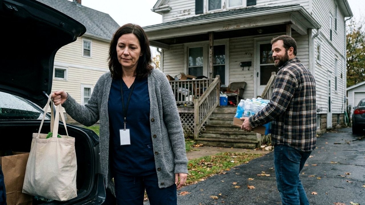 Physician with badge and husband unloading groceries in driveway