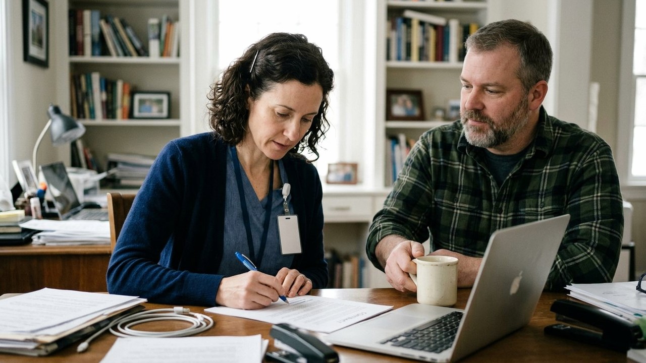 Physician with lanyard reading a contract as husband brings coffee