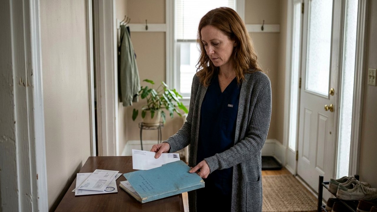 Physician in scrubs filing an envelope at hallway console table