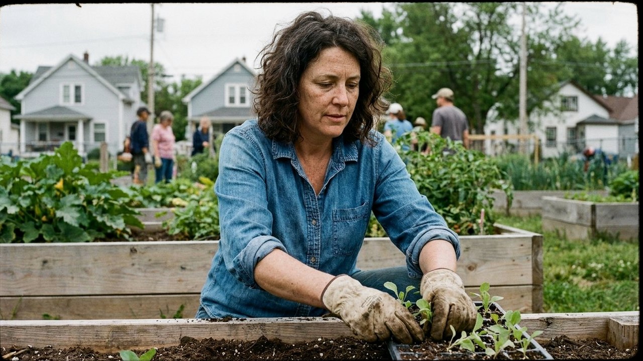 Woman in gardening gloves transplanting seedlings into a raised garden bed
