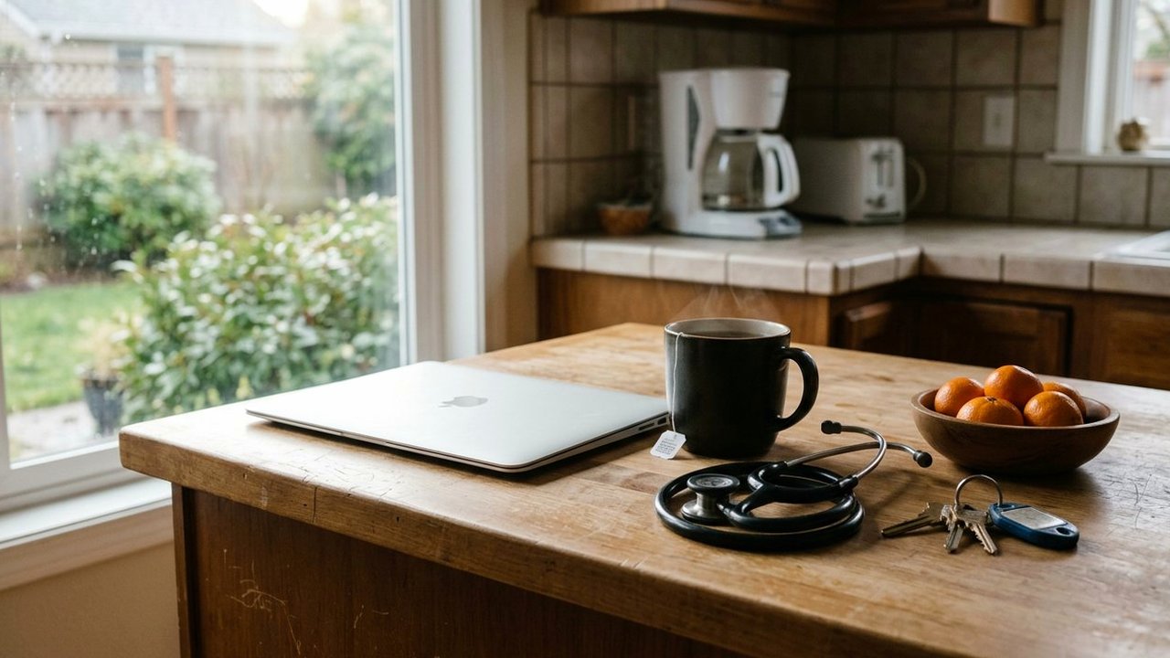 Kitchen counter with closed laptop, tea mug, stethoscope and clementines