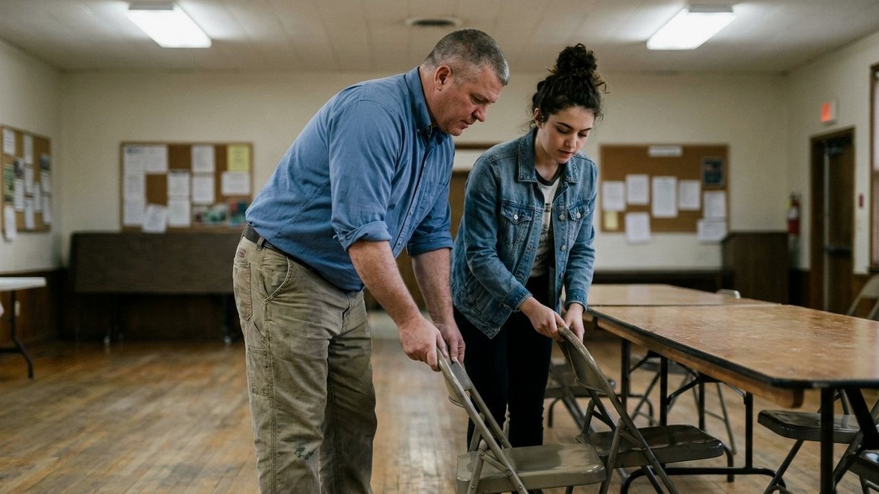 Father and adult daughter setting up folding chairs in a hall